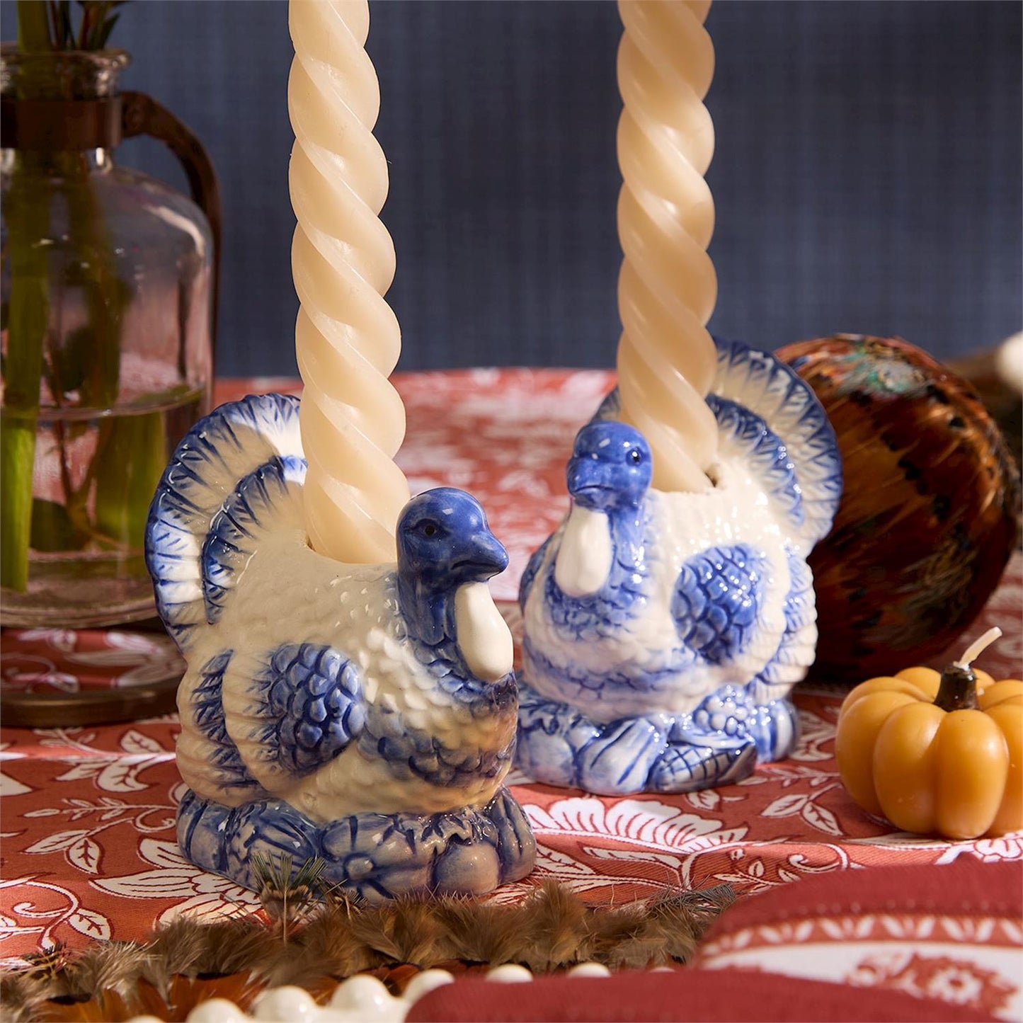 Blue and White Hand-Painted Turkey Candleholder