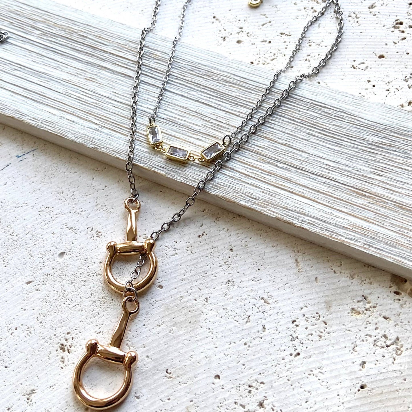 Horse bit necklace equestrian jewelry, Derby stirrup: Mixed metals