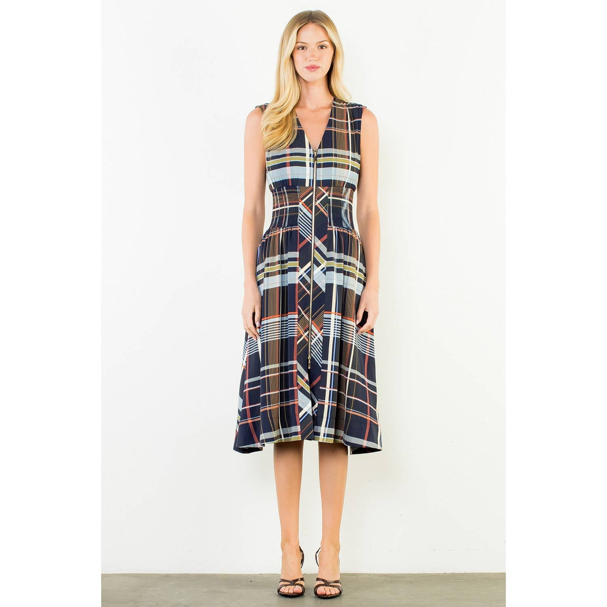 Plaid Sleeveless Midi Dress With Zipper Front: NAVY