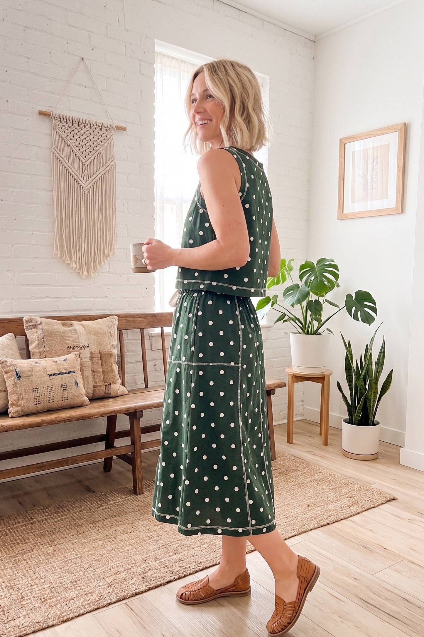 Retro Dot Tank & Midi Skirt Set: Hunter/White