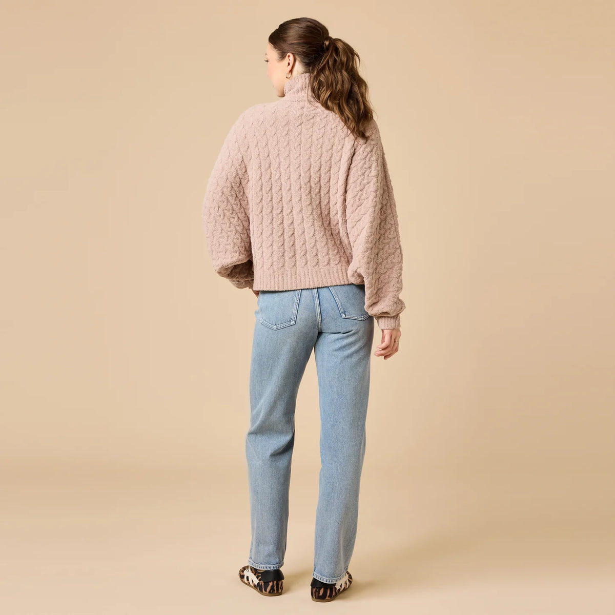 Cable Knit Marshmallow Funnel Neck Double Zip Jacket Almond
