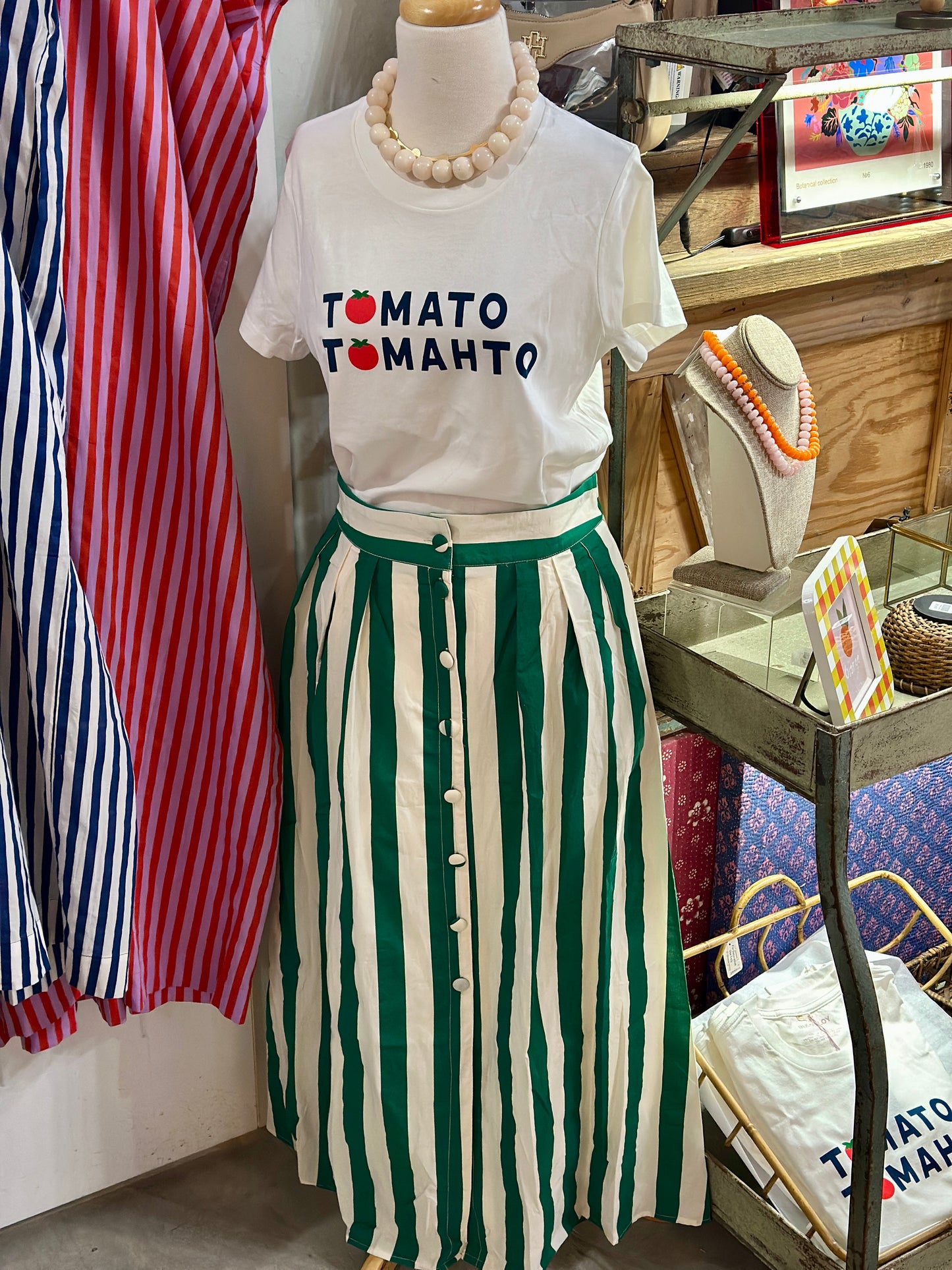 Green and Ivory Striped Midi Skirt