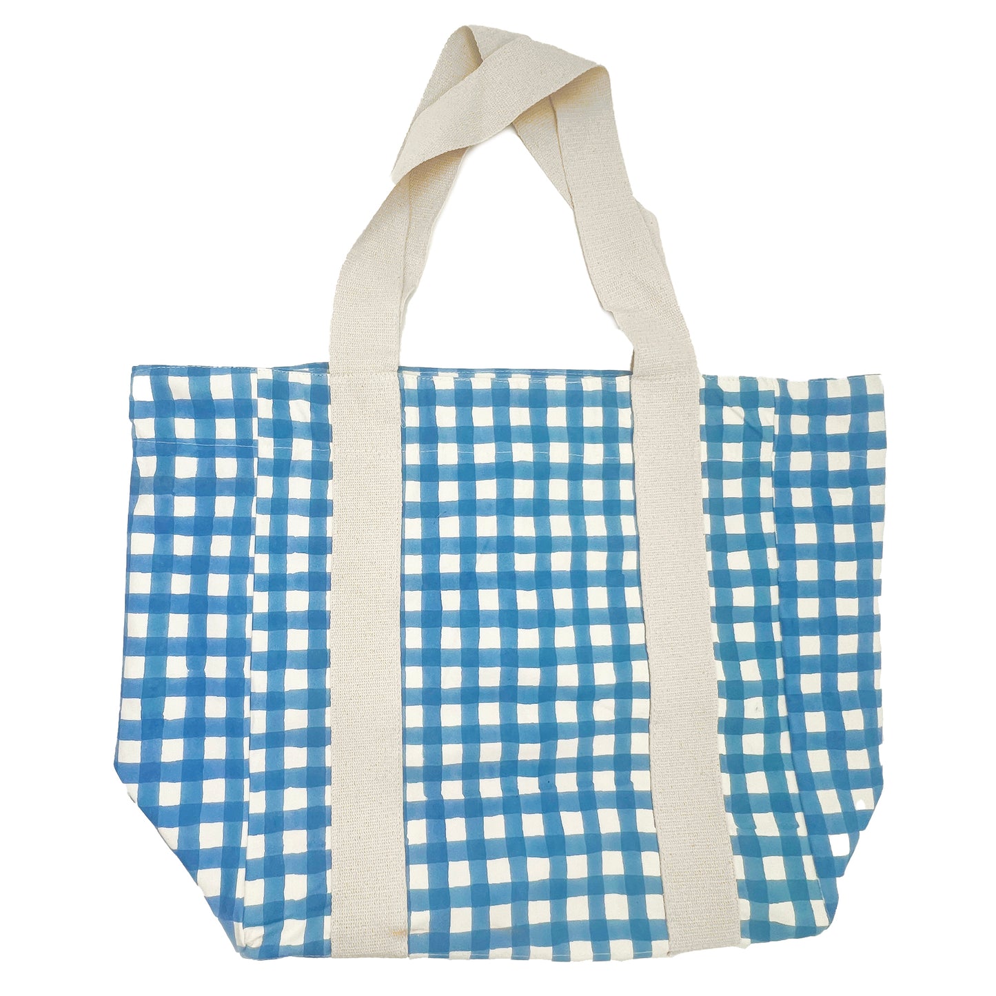 Block Printed Canvas Bag - Steel Blue Gingham Print