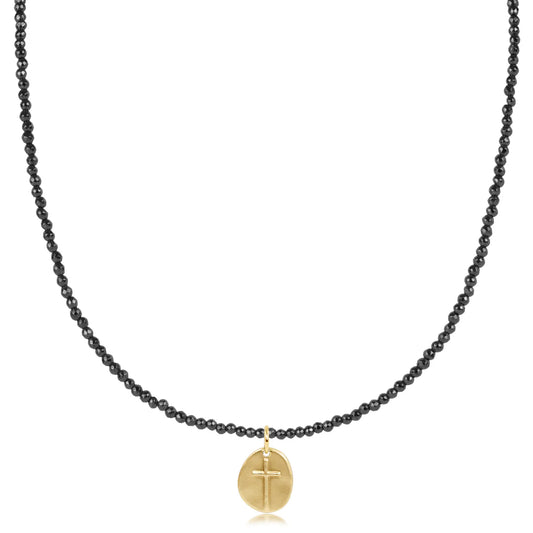 17" Choker Faceted Hematite 2mm Bead - Inspire Small Gold Charm