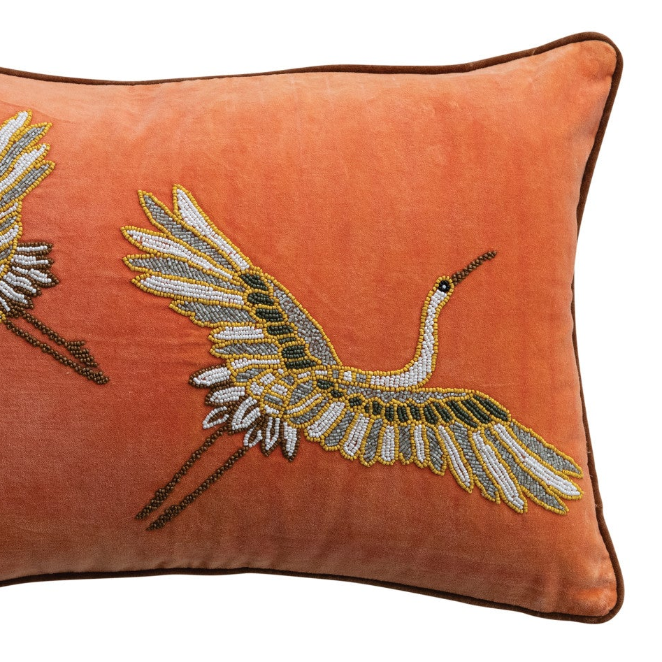 Lumbar Pillow with Beaded Cranes & Piping