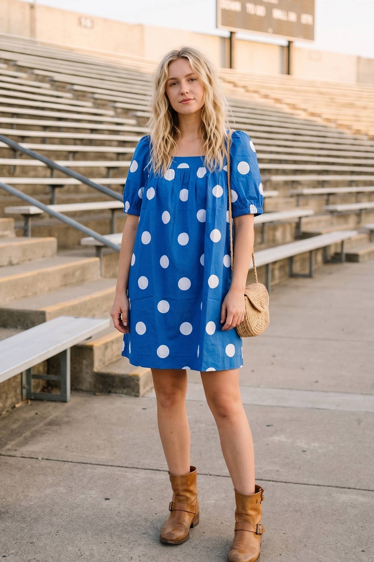 Gameday Polka Dot Puff Sleeve Dress: Blue/White