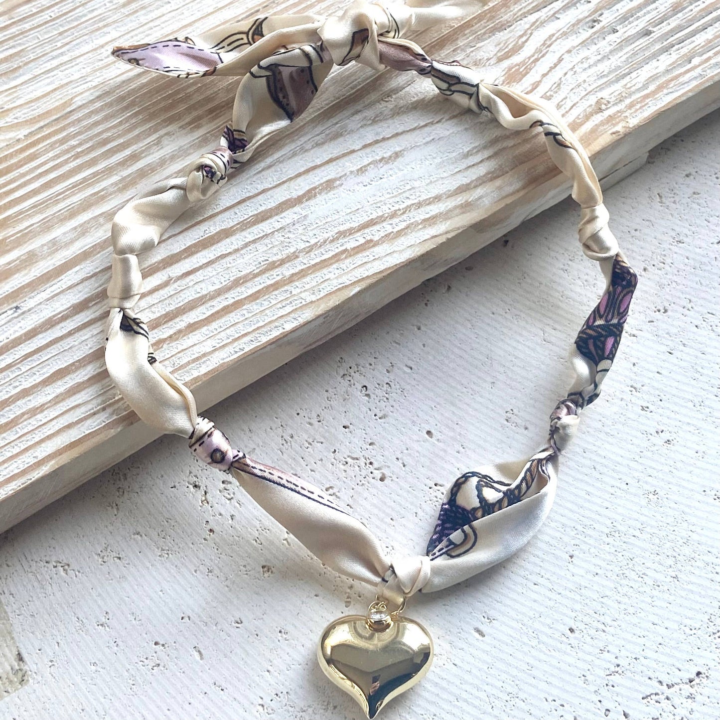 Scarf necklace: Puffy heart with clear crystal accent gold
