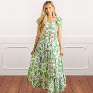Green Deco Palm Smocked Flutter Sleeve Top & Skirt Set