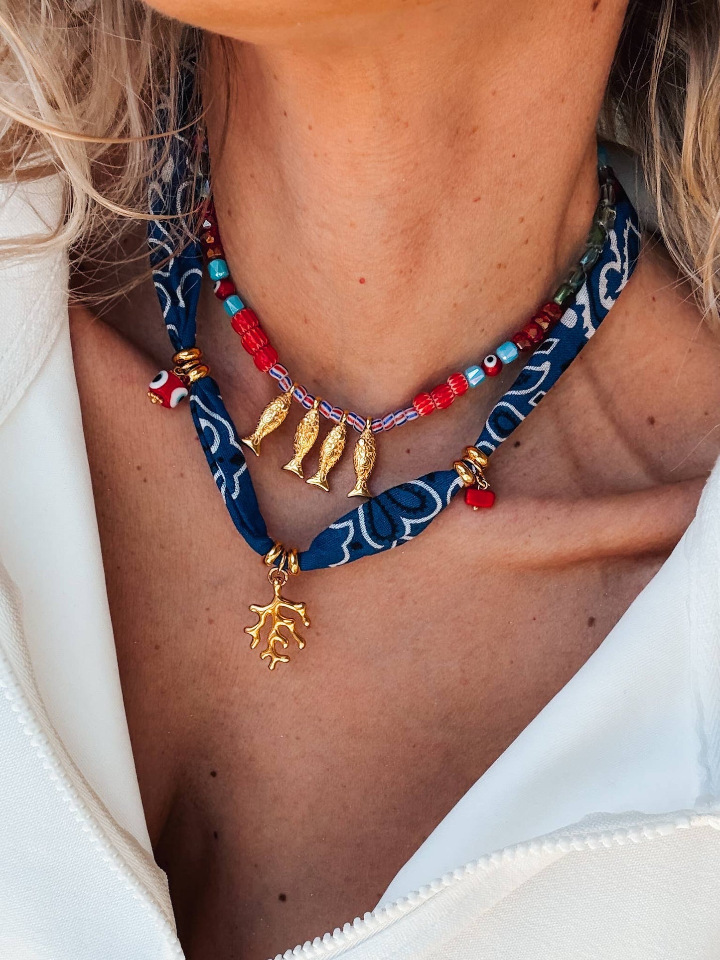 Bohemian blue bandana scarf & colorful beaded fish necklace: Blue Bandana