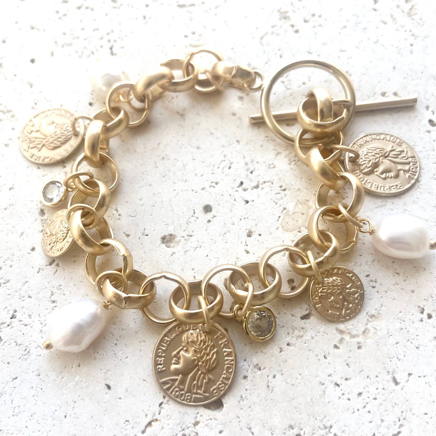 Charm coin bracelet French coin jewelry pearl fall jewelry: Gold