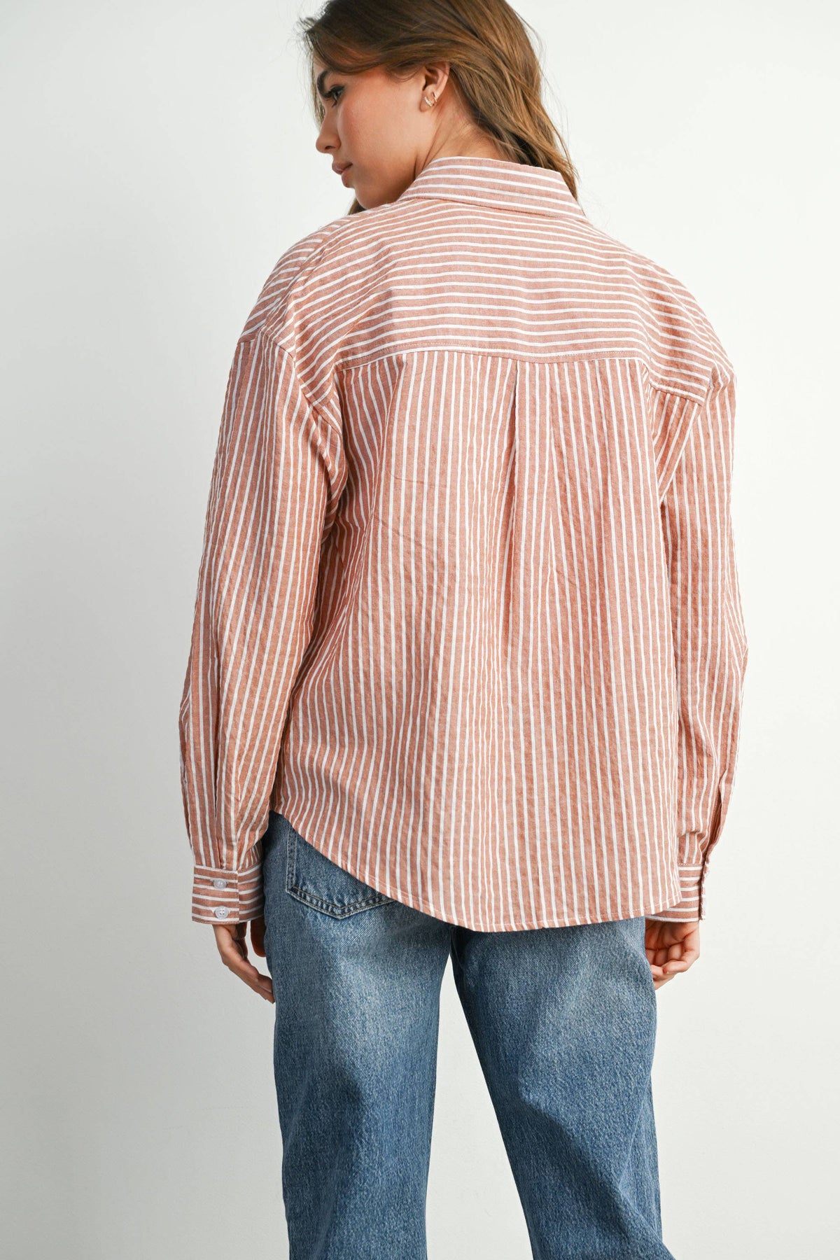 Cropped Striped Button-Up Collared Long Sleeve Top - Brick