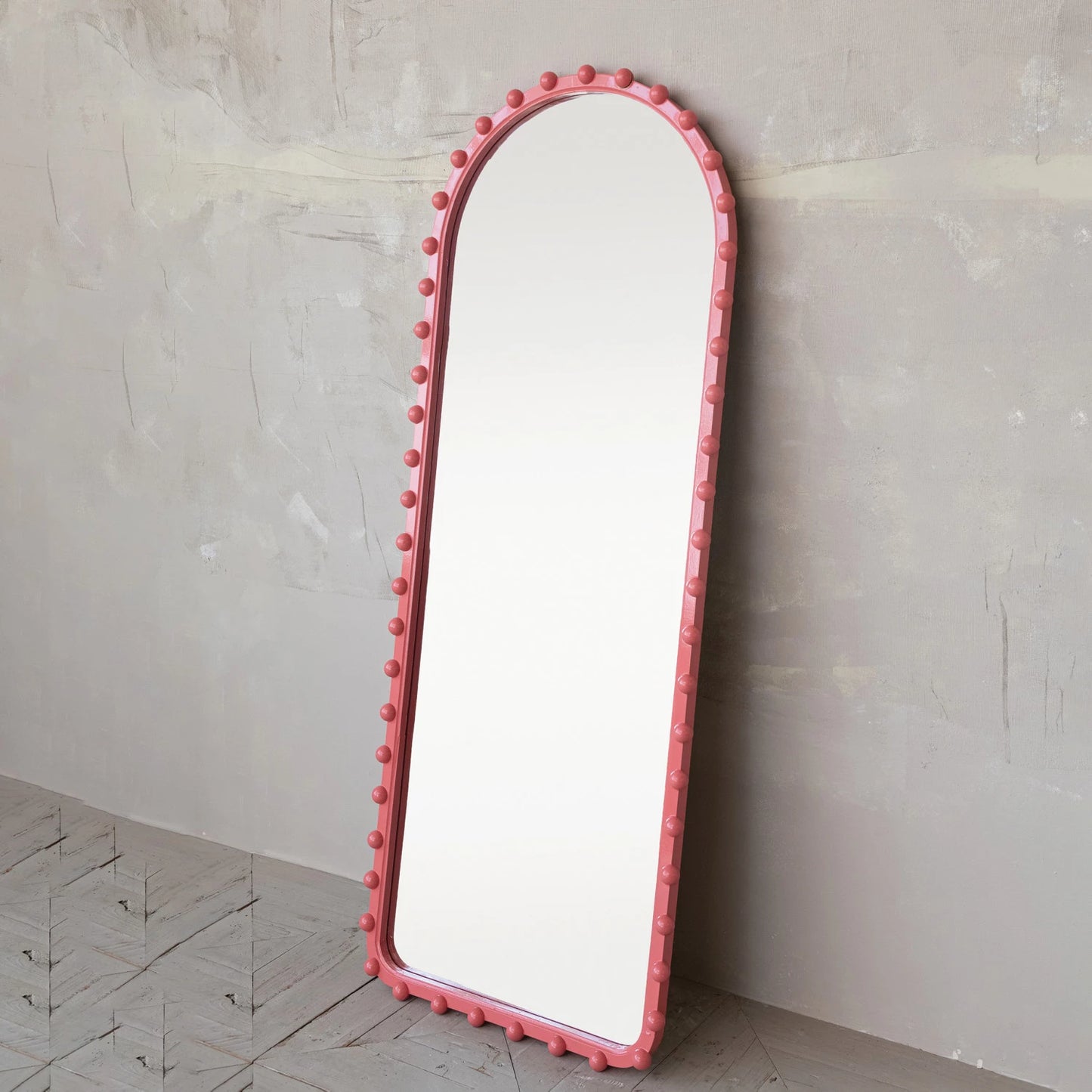 Wood Ball Framed Arched Wall Mirror, Pink