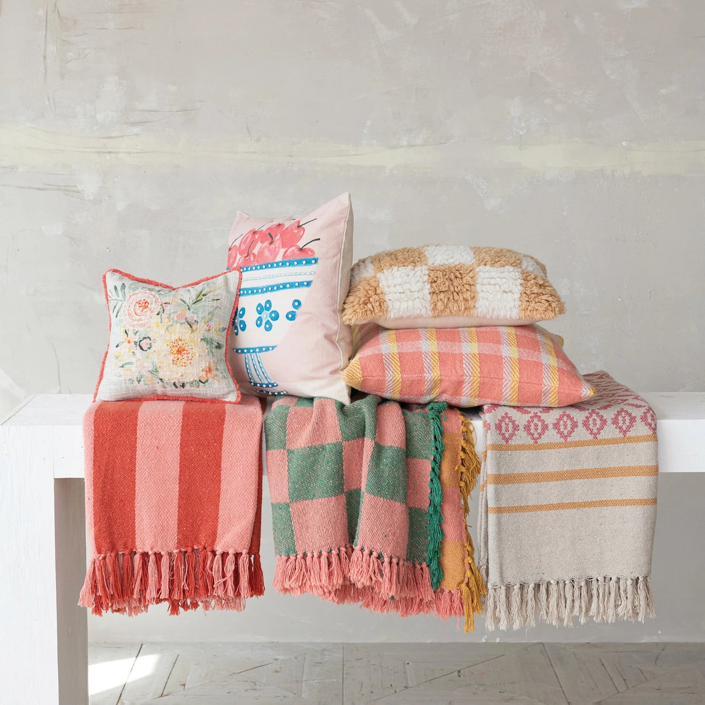 Woven Recycled Cotton Blend Two-Tone Checked Throw with Fringe