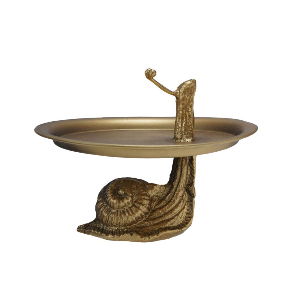 Decorative Metal Tray with Snail Shaped Stand, Gold Finish