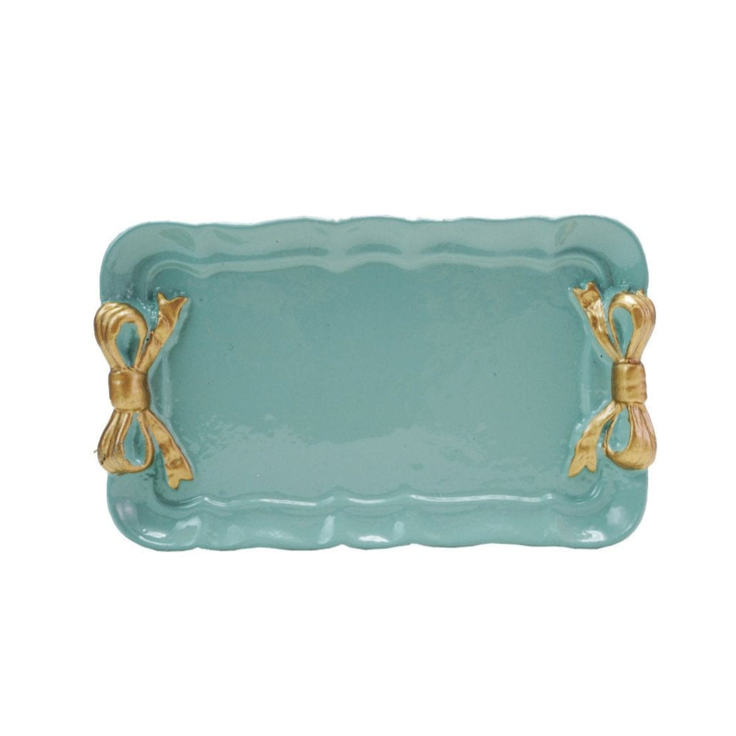 Decorative Metal Tray with Gold Finish Bows, Aqua