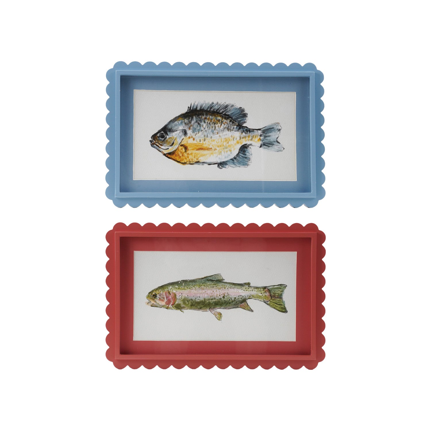 Wood Framed Glass Scalloped Wall Décor w/ Fish Image, 2 Styles ©