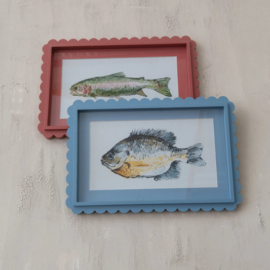 Wood Framed Glass Scalloped Wall Décor w/ Fish Image