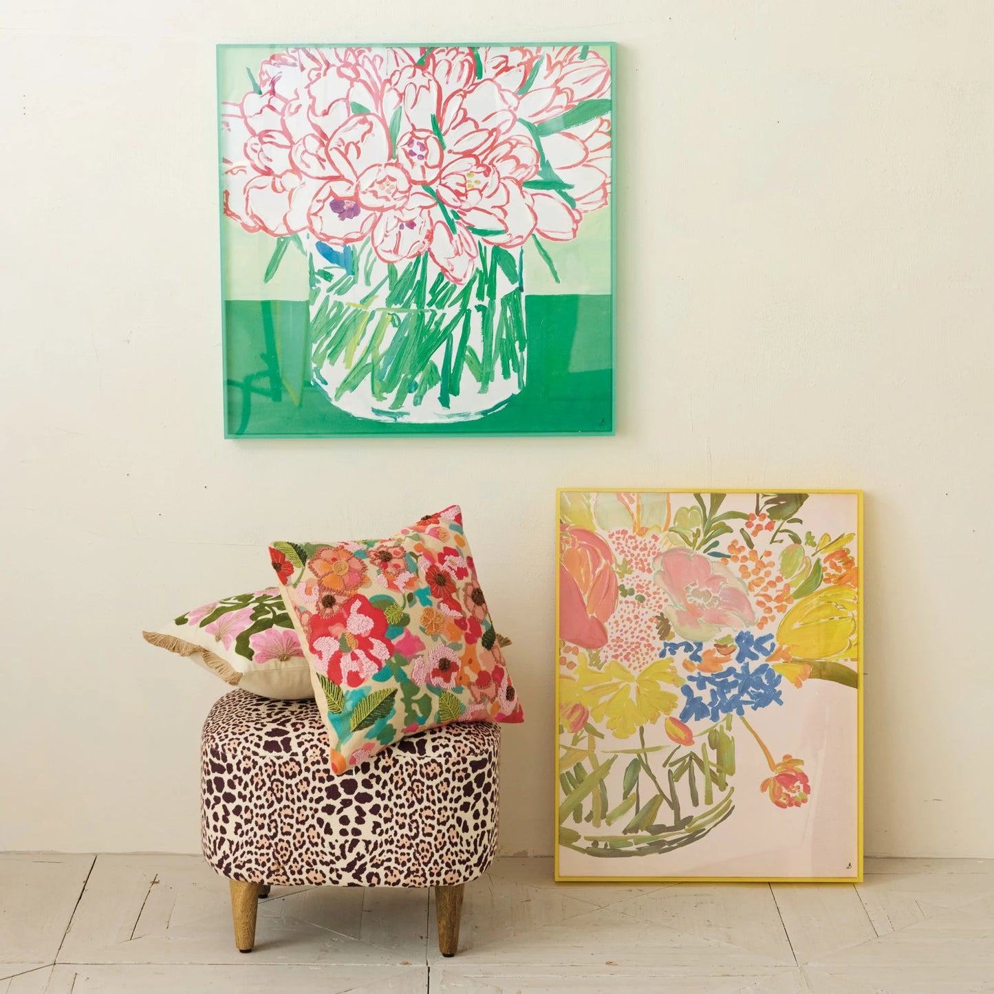 Green Acrylic Box Framed Canvas with Hand-Painted Flowers in Vase