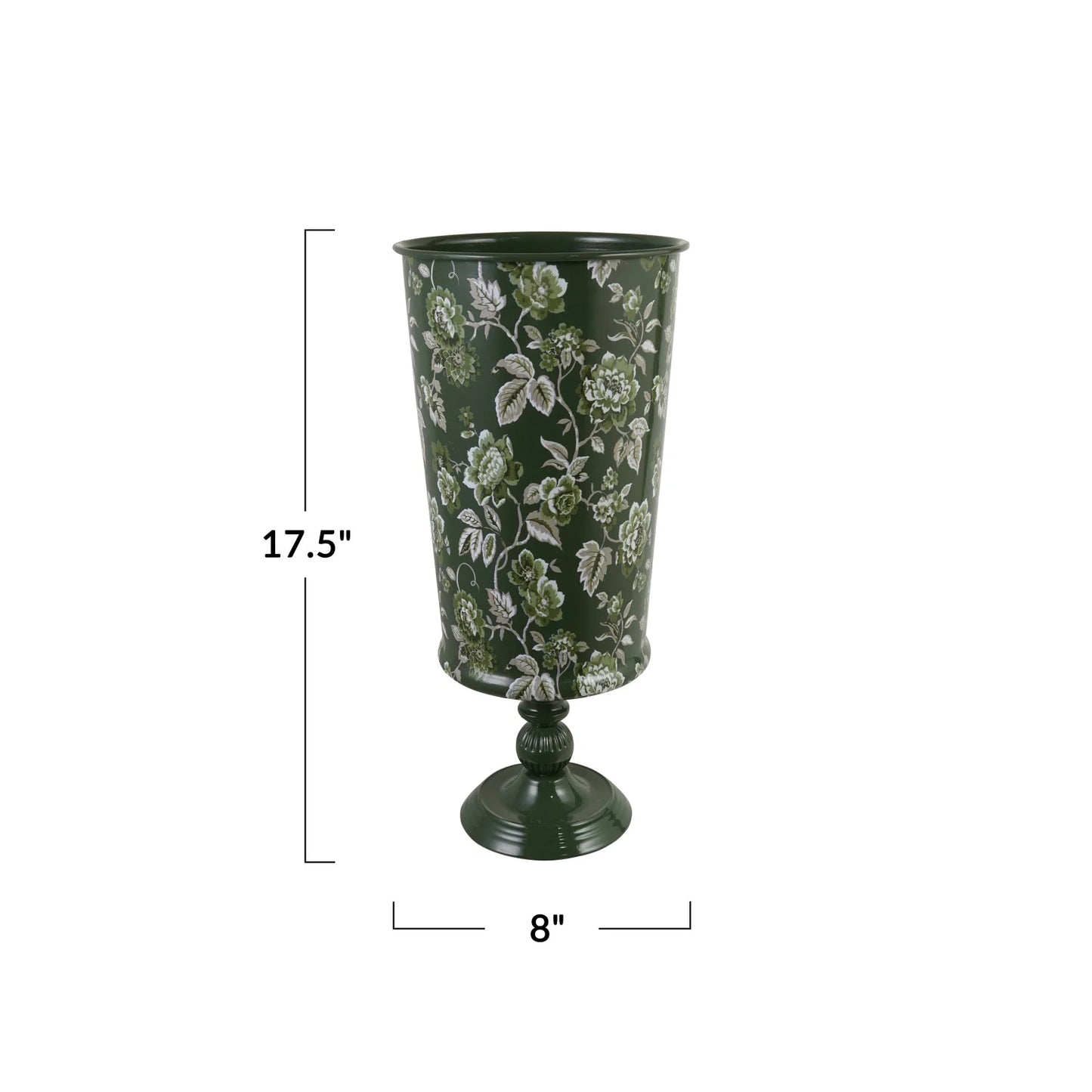 Metal Footed Vase with Floral Pattern, Green, Grey & White