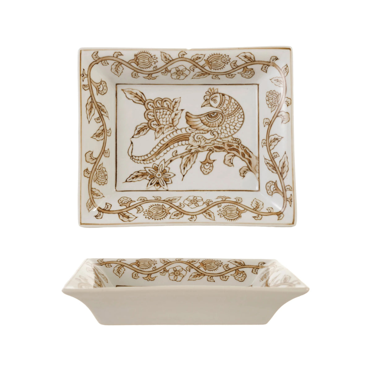 Decorative Hand-Painted Stoneware Dish with Bird & Botanicals