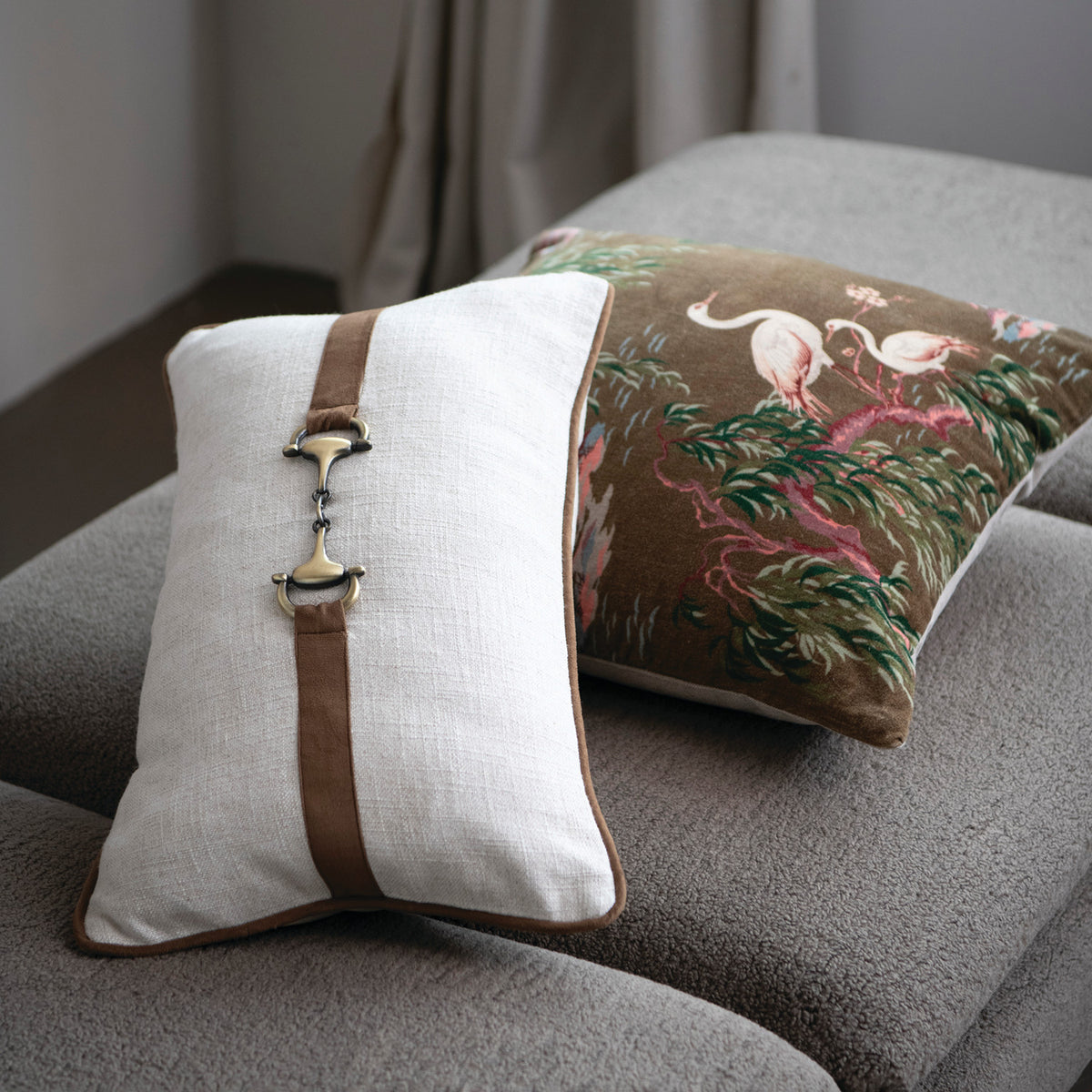 20" Square Cotton Velvet Chinoiserie Pillow with Chambray Back