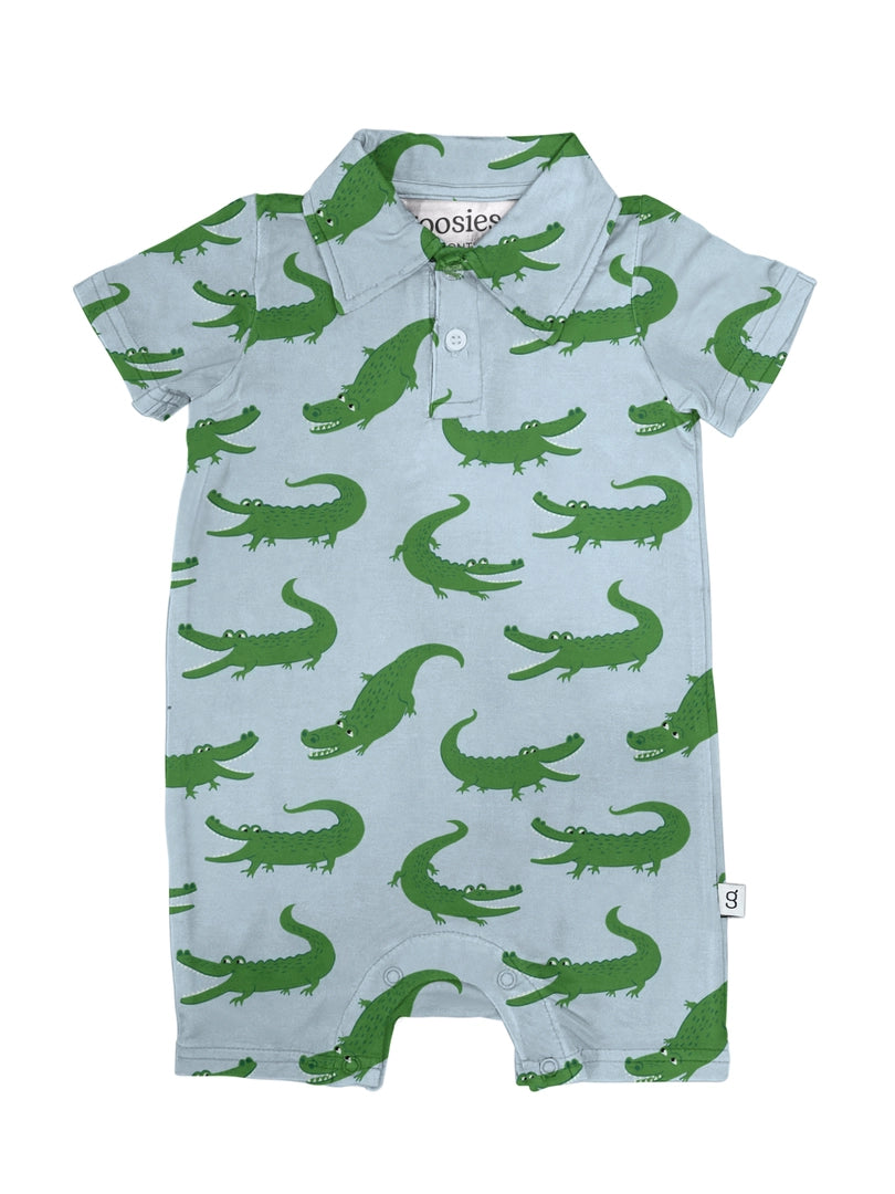 SS Polo Romper- Blue Alligator