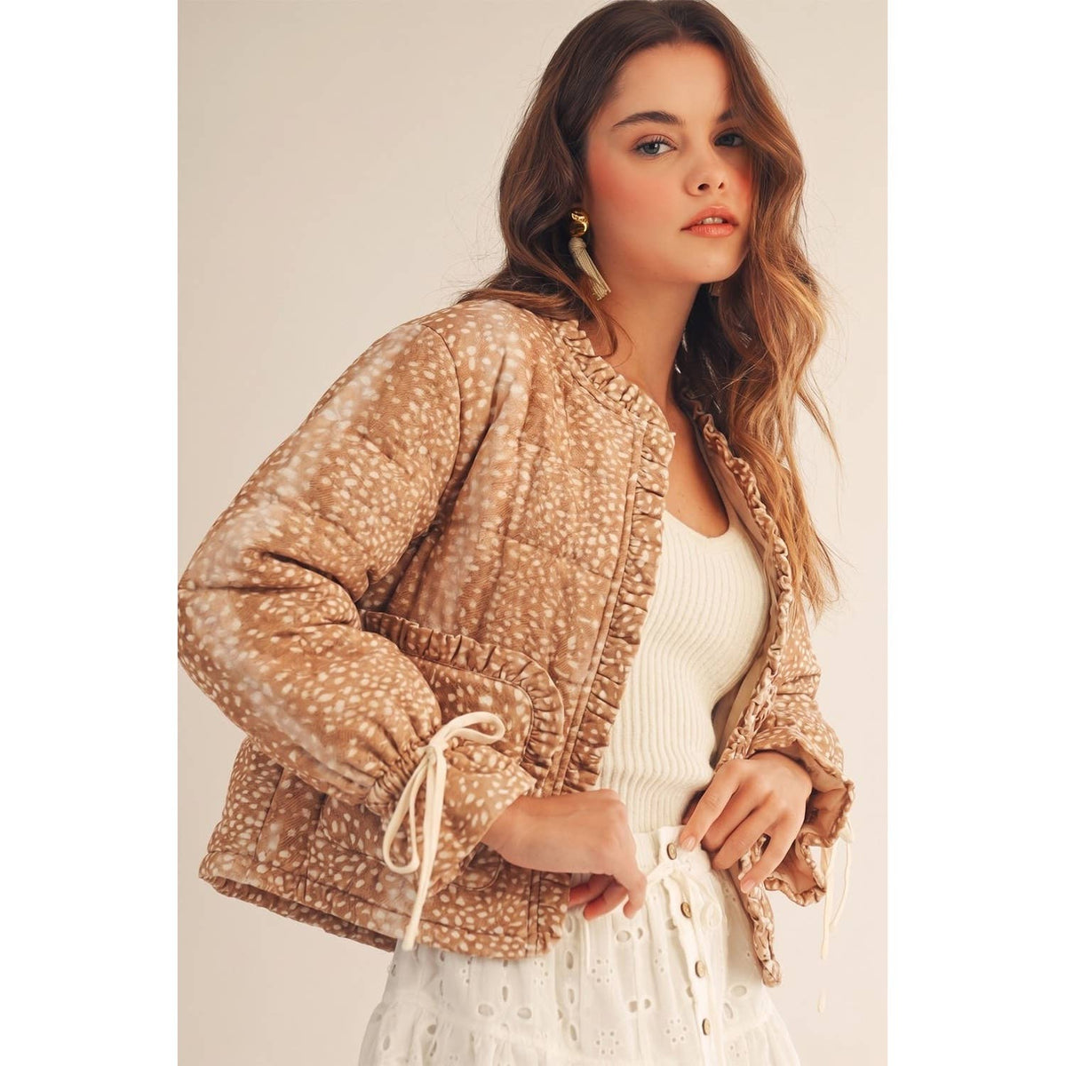 Fawn Heart Pockets Ruffled Wrists Jacket