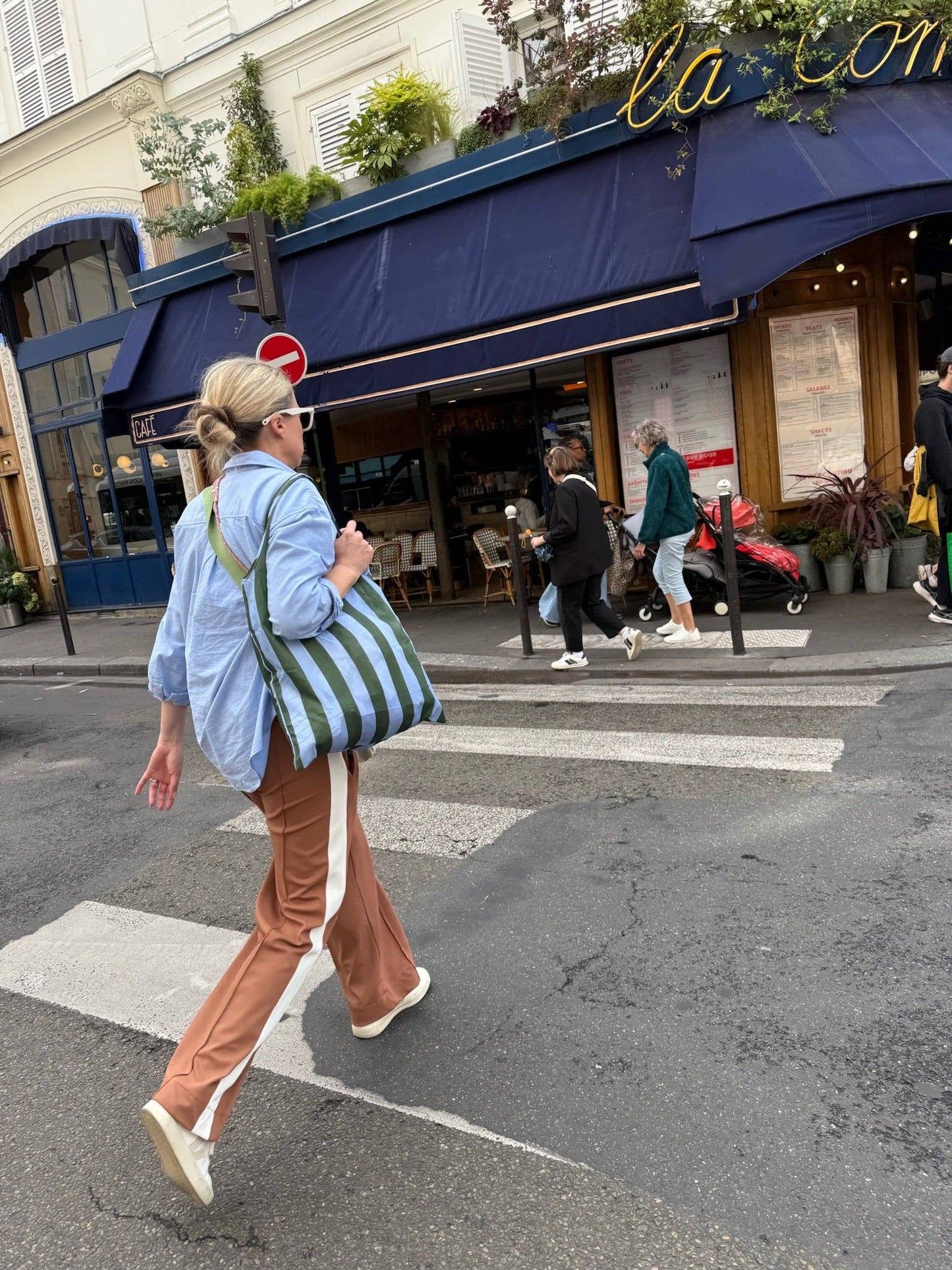 Green Blue Stripe Pocket Shopper