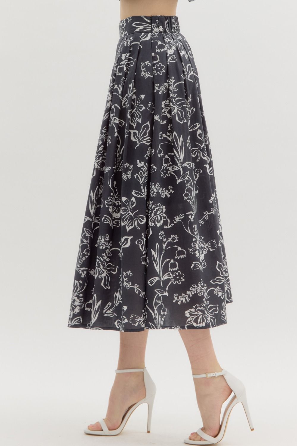Floral Print Pleasted Midi Skirt Black