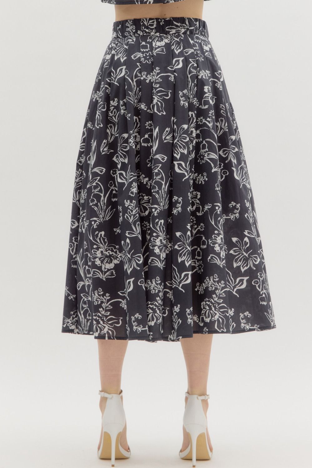 Floral Print Pleasted Midi Skirt Black