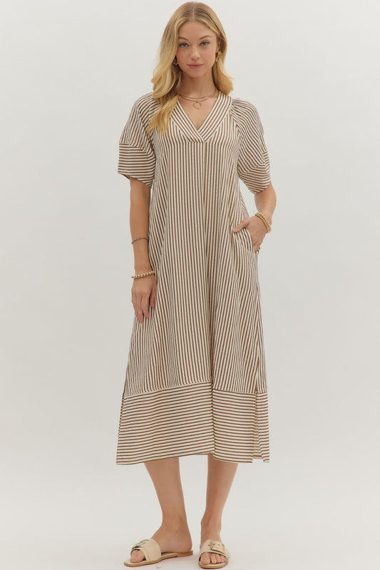 Textured Stripe Midi Dress Brown