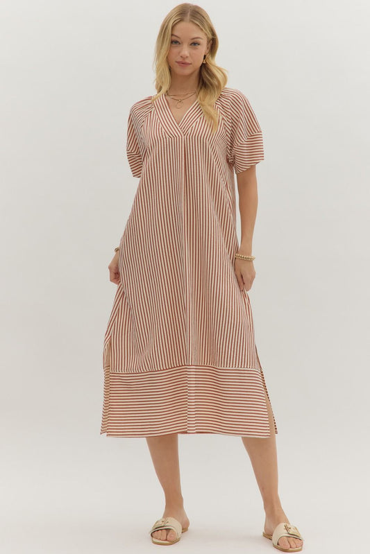 Textured Stripe Midi Dress Rust