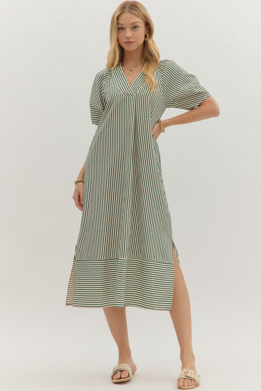 Textured Stripe Midi Dress Hunter Green