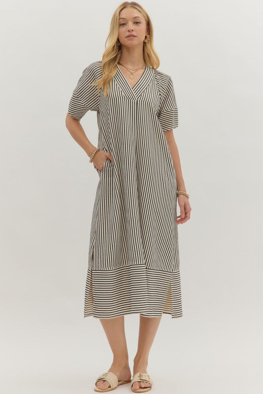 Textured Stripe Midi Dress Black