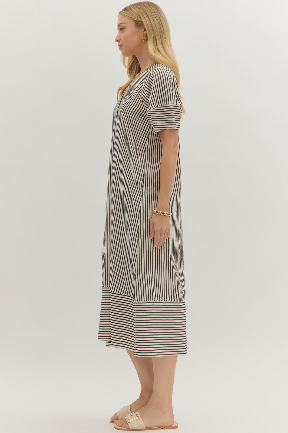 Textured Stripe Midi Dress Black