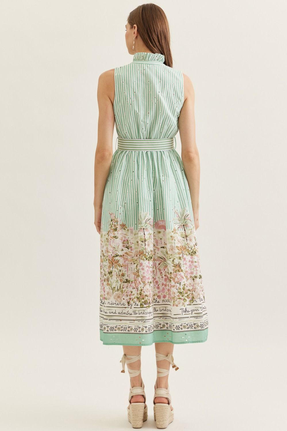 Striped Floral Print Sleeveless Midi w/ Border Print