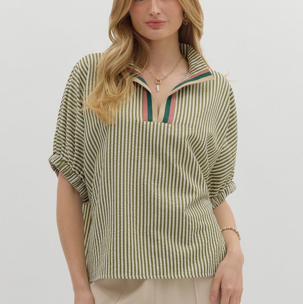 Stripe Pattern Dolman Top Olive