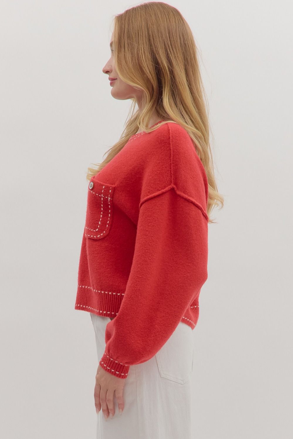 Stitch Accent Long Sleeve Sweater Red