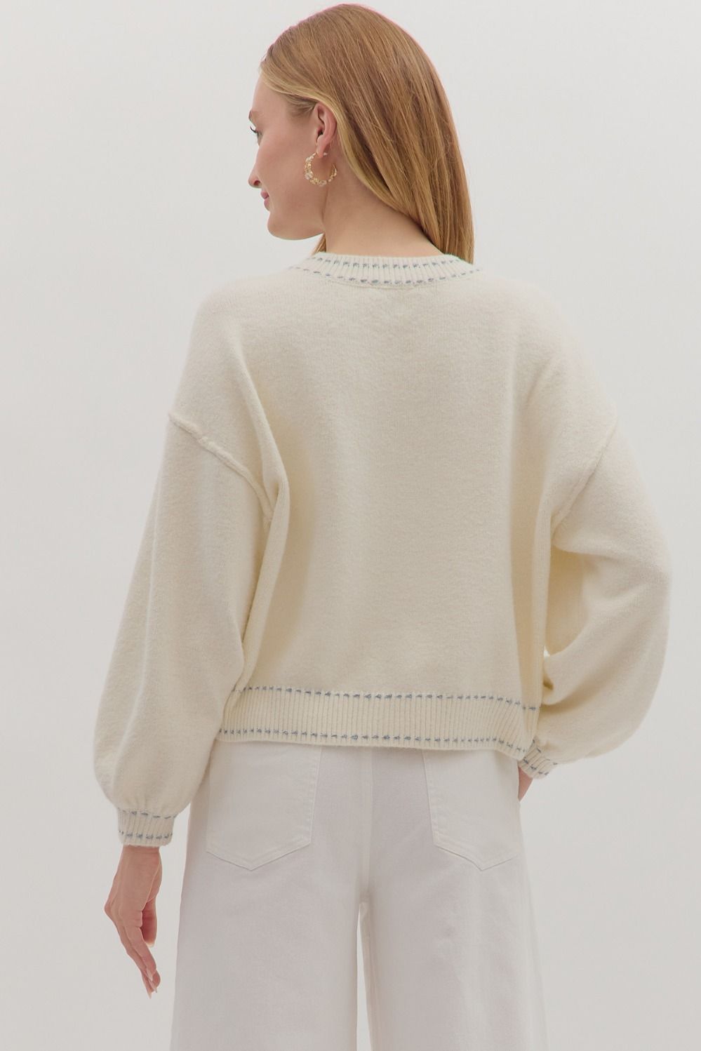 Stitch Accent Long Sleeve Sweater Cream