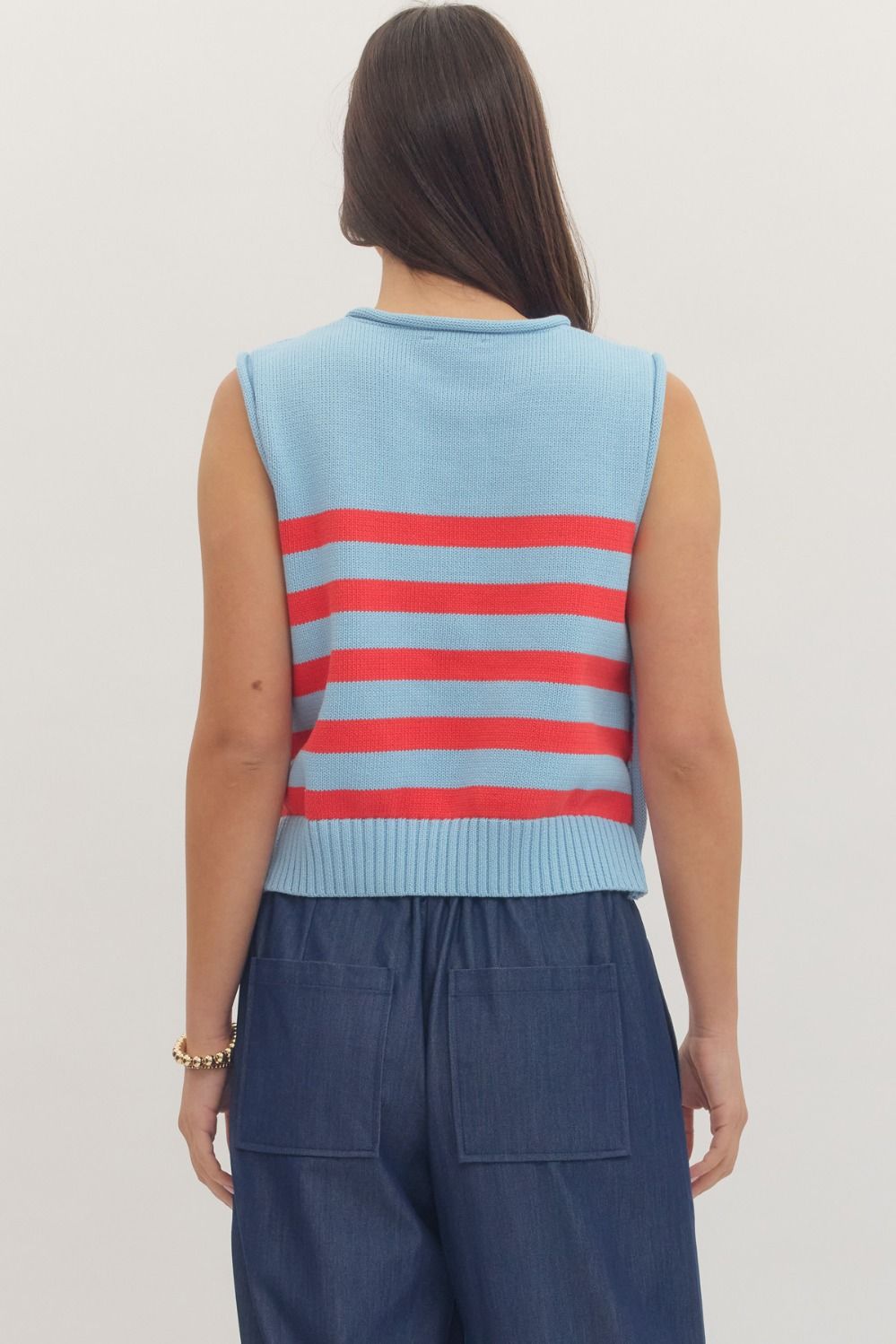 Striped Sleeveless Knit Top-Blue