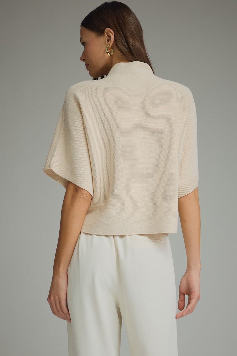 Solid Mock Neck Short Sleeve Sweater- Ecru