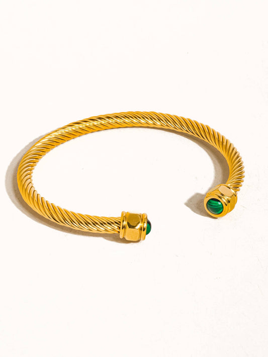 Vail 18K Gold Non-Tarnish Stone Braided Bangle: Green