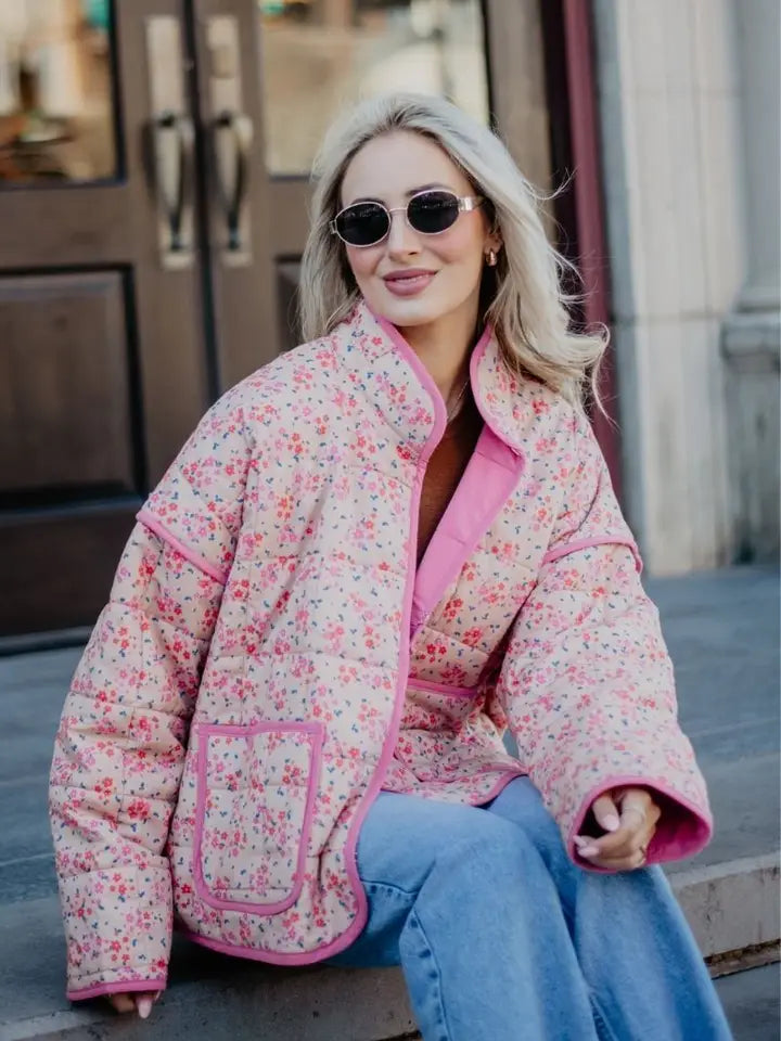 Pink Dainty Floral Lightweight Quilted Jacket