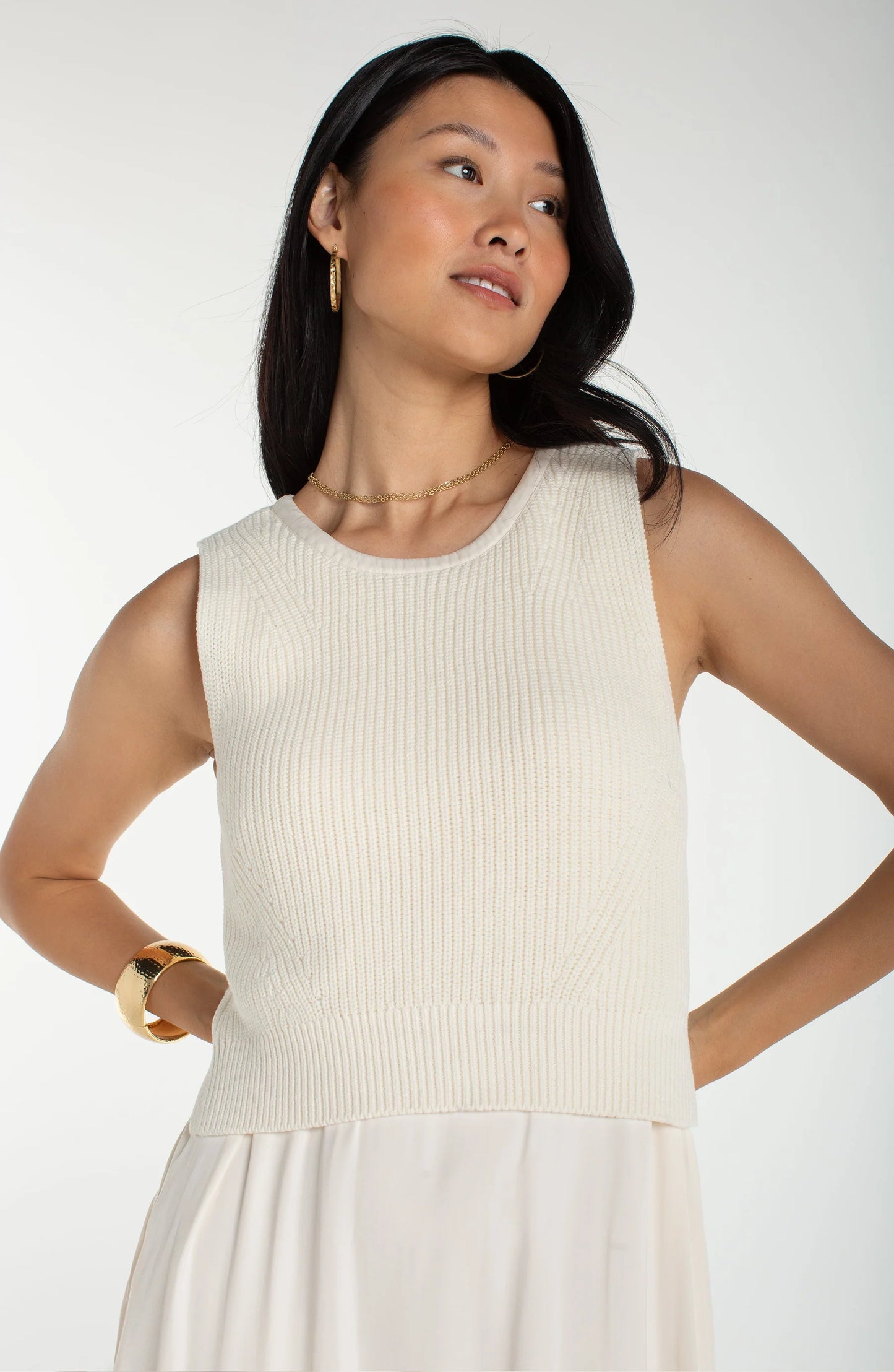 Woven Sleeveless Midi Dress Featuring a Sweater Bodice