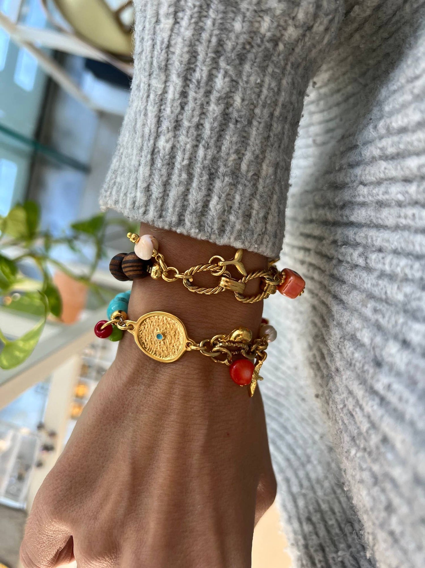 Gold charm summer bracelets with wood and turquoise beads: Turquoise beads