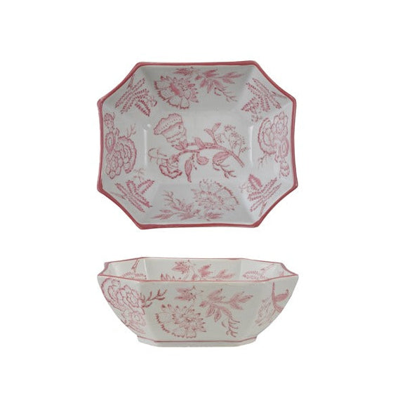 Stoneware Bowl w/ Botanical Pattern, Pink & White
