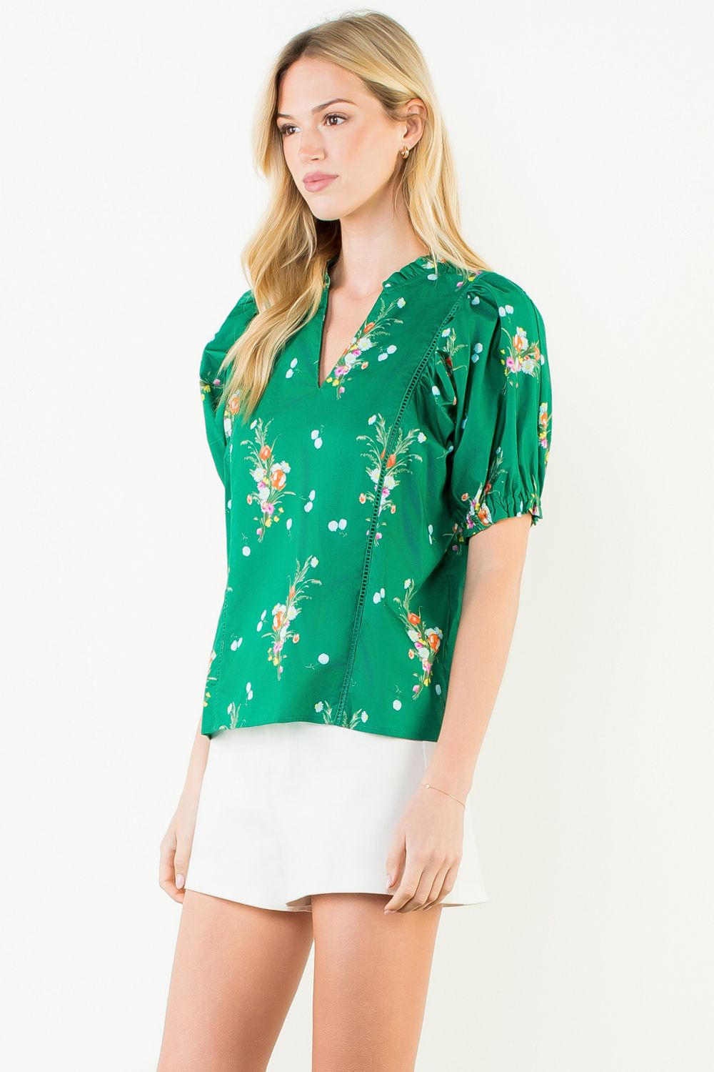 Floral Print Puff Sleeve V-Neck Top