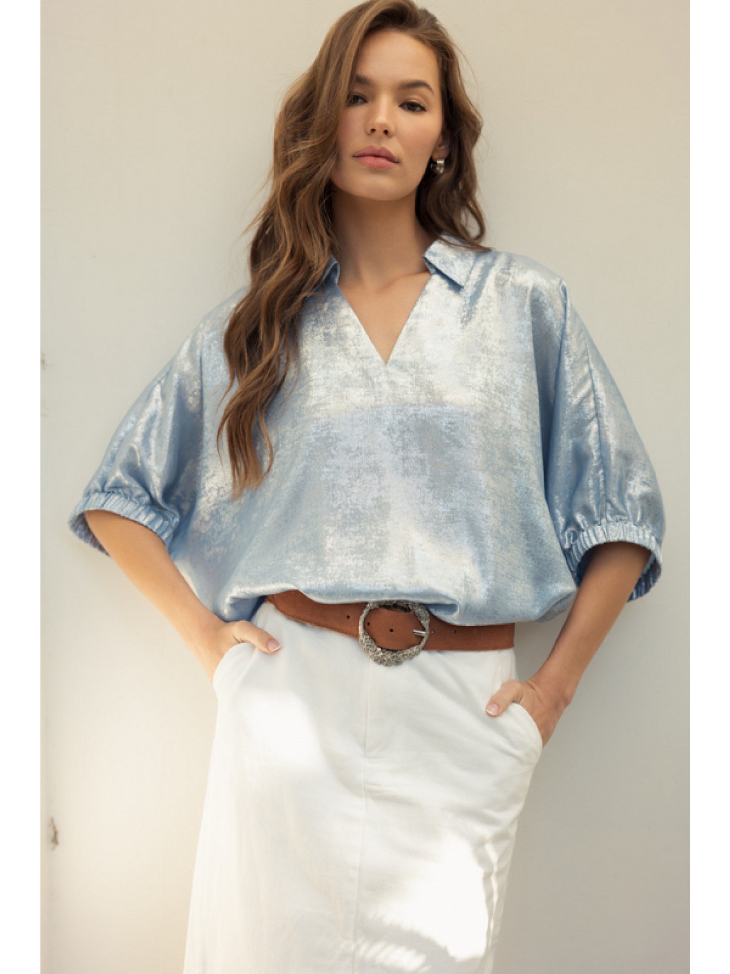 Metallic Top with Dolman Sleeves Blue