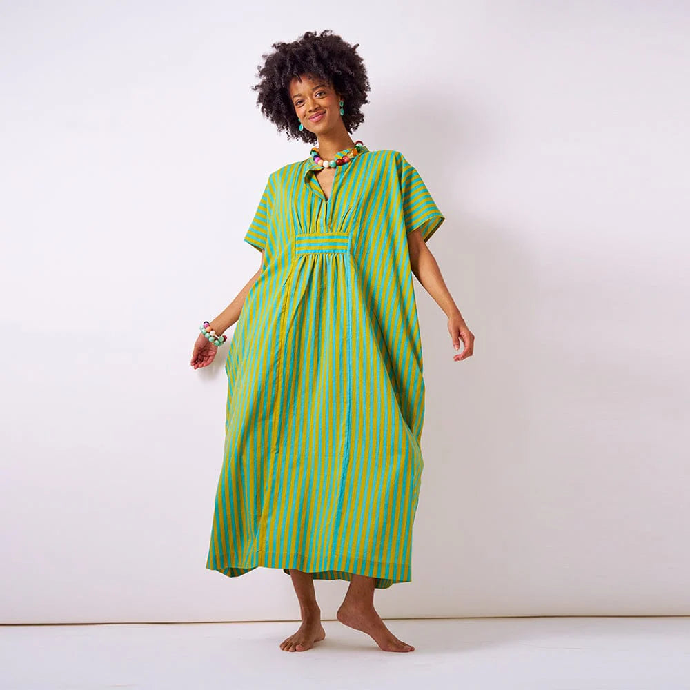 Margot Stripe Kaftan Aqua + Chartreuse - Internal Drawstring Fits Most