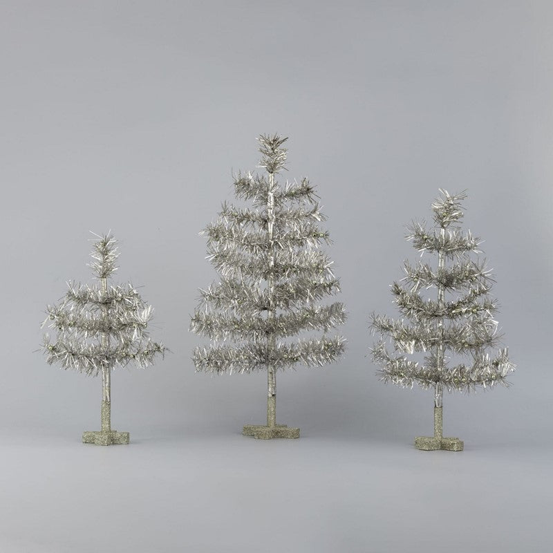Silver Tinsel Trees, Gold Balls